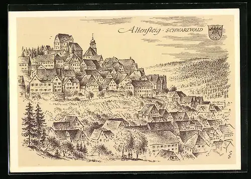 Künstler-AK Altensteig /Schwarzwald, Ortsansicht mit Kirche