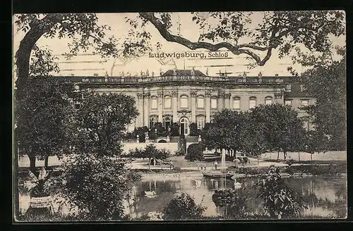 AK Ludwigsburg, Schloss mit Teich und Schwänen