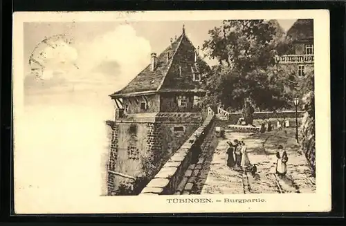 Künstler-AK Tübingen, Burgpartie mit Baum