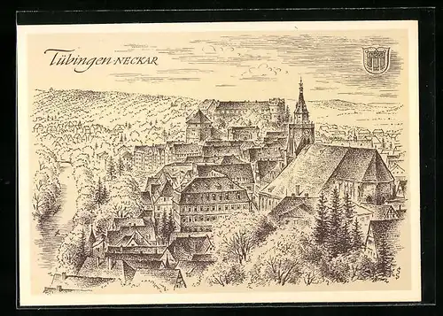 Künstler-AK Tübingen /Neckar, Ortsansicht mit Kirche