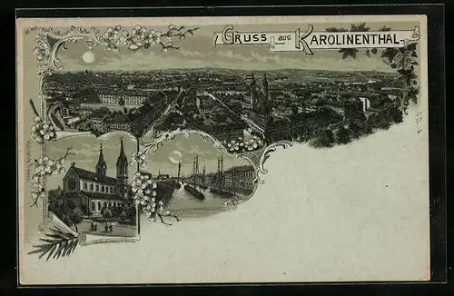 Mondschein-Lithographie Prag / Praha-Karolinenthal, St. Cyrill und Methud-Kirche, Panorama