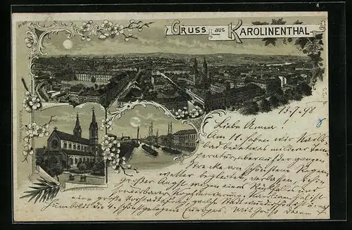 Mondschein-Lithographie Prag / Praha-Karolinenthal, St. Cyrill und Methud-Kirche, Panorama