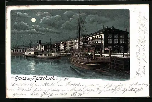 Lithographie Rorschach, Uferpartie mit Dampfer und Segelbot bei Mondschein