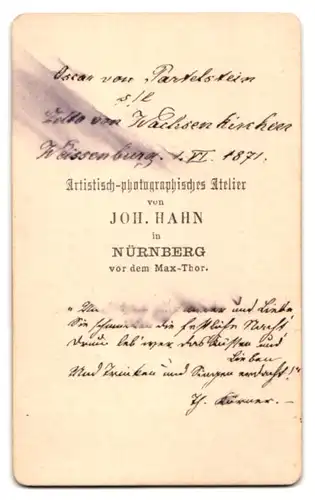 Fotografie Joh. Hahn, Nürnberg, Portrait Oscar von Partelstein im Anzug mit Vollbart, 1871