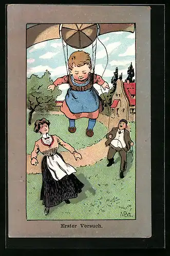 AK Erster Versuch, Kleinkind fliegt mit einer Segelkonstruktion davon