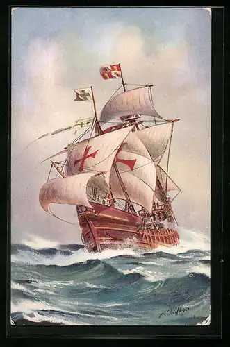 Künstler-AK Kriegsschiff Santa Maria bei starkem Wellengang