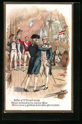 Künstler-AK Battle of St. Vincent, Nelson embraced by his superior Officer Admiral Jervis...