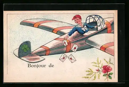 Künstler-AK Knirps verteilt die Post aus dem Flugzeug heraus, Kleeblatt