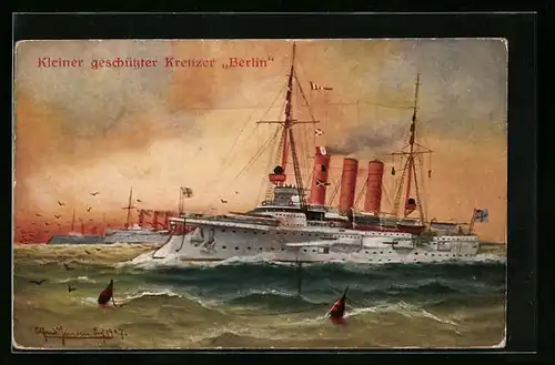 Künstler-AK Kriegsschiff Kleiner geschützter Kreuzer Berlin bei der Einfahrt in den Hafen