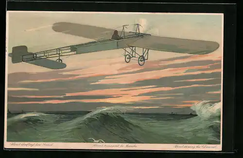 Künstler-AK Blériot überfliegt den Kanal, Propellerflugzeug
