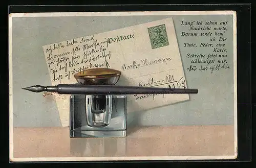 AK Schreibfaul, Füller auf Tintenglas mit Postkarte dahinter