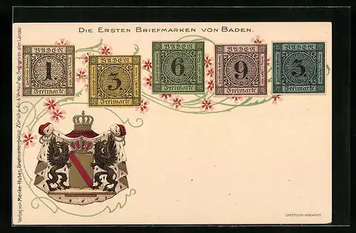 AK Ersten Briefmarken aus Baden, Badisches Wappen