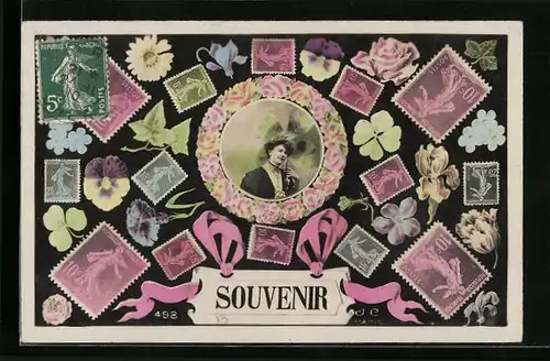 AK Frau in Blumenrahmen und Briefmarken aus Frankreich