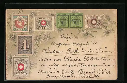 Lithographie Briefmarken und Wappen der Schweiz