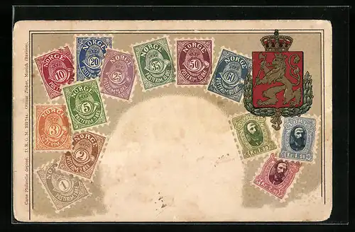 Präge-AK Briefmarken und Wappen aus Norwegen