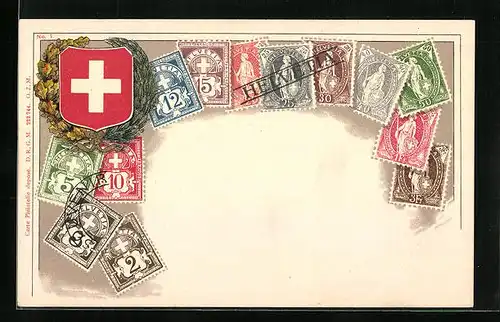 Lithographie Briefmarken aus der Schweiz und Wappen