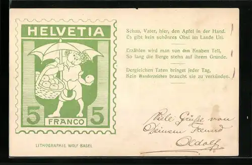 Lithographie Schweizer Briefmarke, Lithografie von Wolf Basel - Kind beim Äpfel sammeln