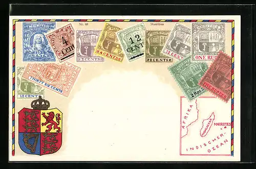 AK Briefmarken und Wappen aus Mauritius