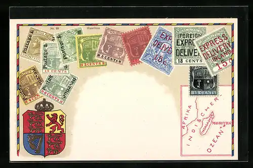 AK Briefmarken und Wappen aus Mauritius