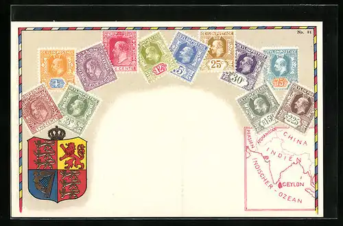 AK Briefmarken und Wappen aus Mauritius