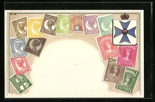 AK Briefmarken und Wappen aus dem Bundestaat Queensland, Australien