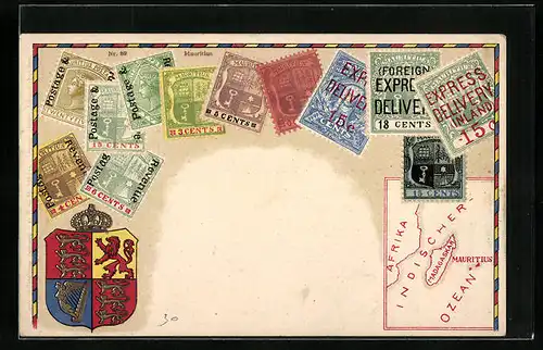 Präge-AK Briefmarken und Wappen aus Mauritius