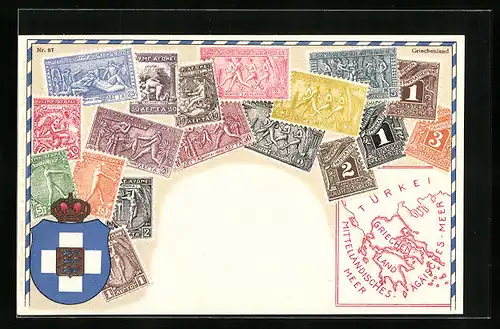 AK Briefmarken und Wappen aus Griechenland