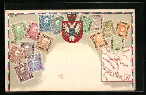 AK Briefmarken und Wappen aus Montenegro