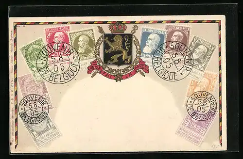 Präge-AK Briefmarken und Wappen von Belgien