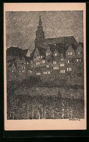Künstler-AK Otto Ubbelohde: Tübingen, Stiftskirche über der Neckarseite bei Nacht