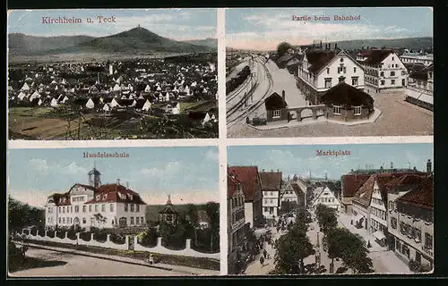 AK Kirchheim unter Teck, Handelsschule, Marktplatz, Totalansicht