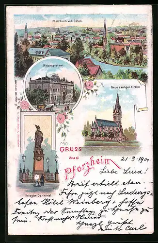 Lithographie Pforzheim, Reichspostamt, Neue evang. Kirche, Totalansicht