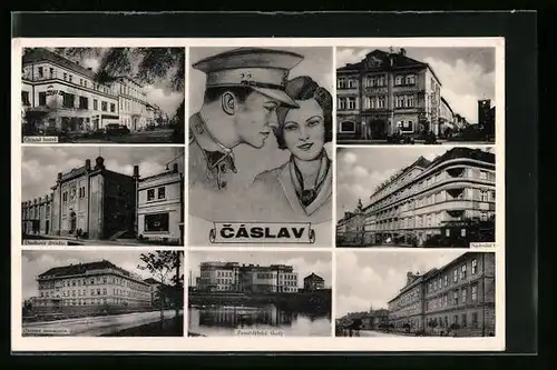 AK Tschaslau / Caslav, Soldat mit junger Frau, Grand Hotel und weitere Ansichten