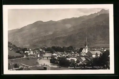 AK Bruck Fusch, Ortsansicht mit Fluss und Alpen