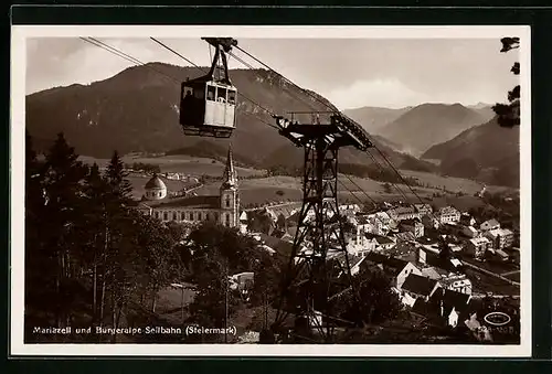 AK Mariazell, Ortsansicht aus der Vogelschau hinter der Bürgeralpe Seilbahn