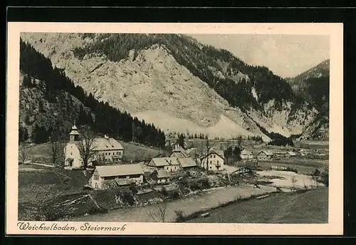 AK Weichselboden, Ortsansicht vor Felsen