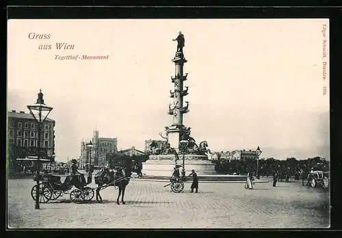 AK Wien, Tegetthof-Monument mit Droschke