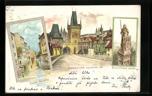 Lithographie Prag / Praha, Ceske Benatky, Malostranska mostecka vez, Bruncvikova socha