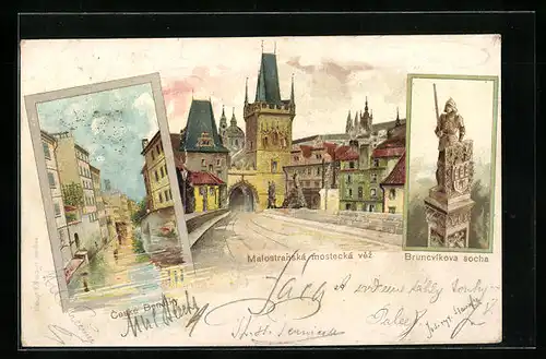 Lithographie Prag / Praha, Ceske Benatky, Malostranska mostecka vez, Bruncvikova socha