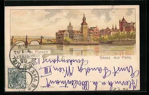 Lithographie Prag / Praha, Altstädter Mühlen
