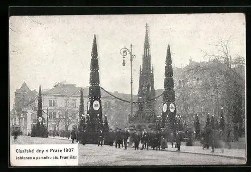 AK Prag / Praha, Cisarske dny 1907, Jehlance u pomniku cis. Frantiska
