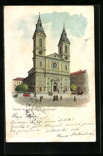 Lithographie Prag / Praha, Kostel sv. Vaclava na Smichove