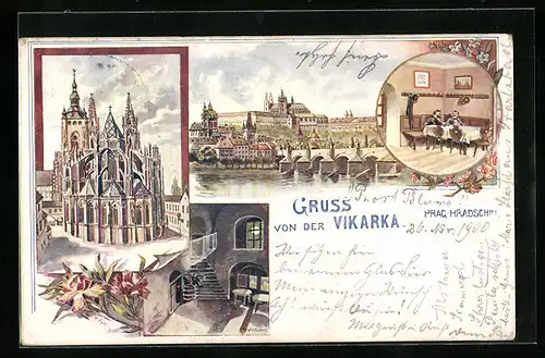 Lithographie Prag / Praha-Hradschin, Gasthaus Vikarka, Aussen- und Innenansichten