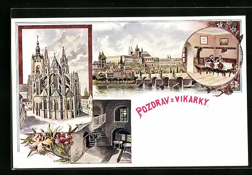 Lithographie Prag / Praha-Hradschin, Gasthaus Vikarky, Aussen- und Innenansicht