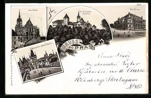 Lithographie Prag / Praha, Dom St. Veit, Der Hradschin, Kleinseitner Brückenthürme