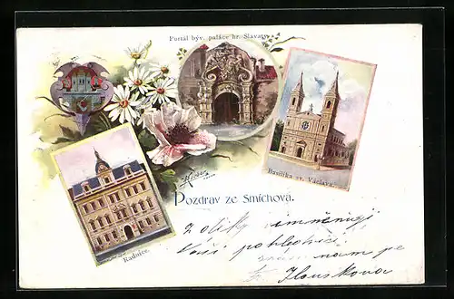 Künstler-AK Prag / Praha, Smichov, Basilika sv. Václava, Radnice