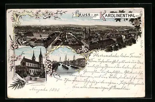 Lithographie Prag / Praha-Karolinenthal, Hafen, St. Cyrill und Methud-Kirche, Panorama aus der Vogelschau