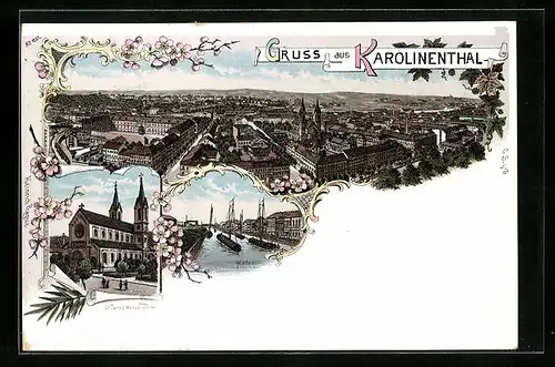 Lithographie Prag / Praha-Karolinenthal, Hafen, St. Cyrill u. Methud-Kirche, Panorama