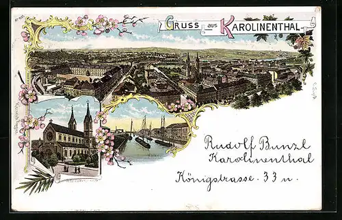 Lithographie Prag / Praha-Karolinenthal, Hafen, St. Cyrill u. Methud-Kirche, Panoramablick über den Stadtteil