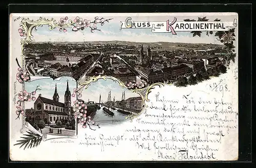 Lithographie Prag / Praha-Karolinenthal, Hafen, St. Cyrill u. Methud-Kirche, Panoramablick über den Stadtteil